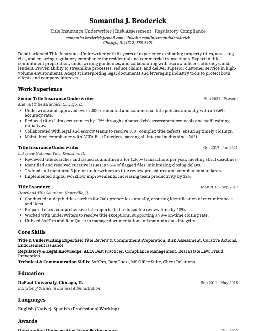 Title Insurance Underwriter Resume Example