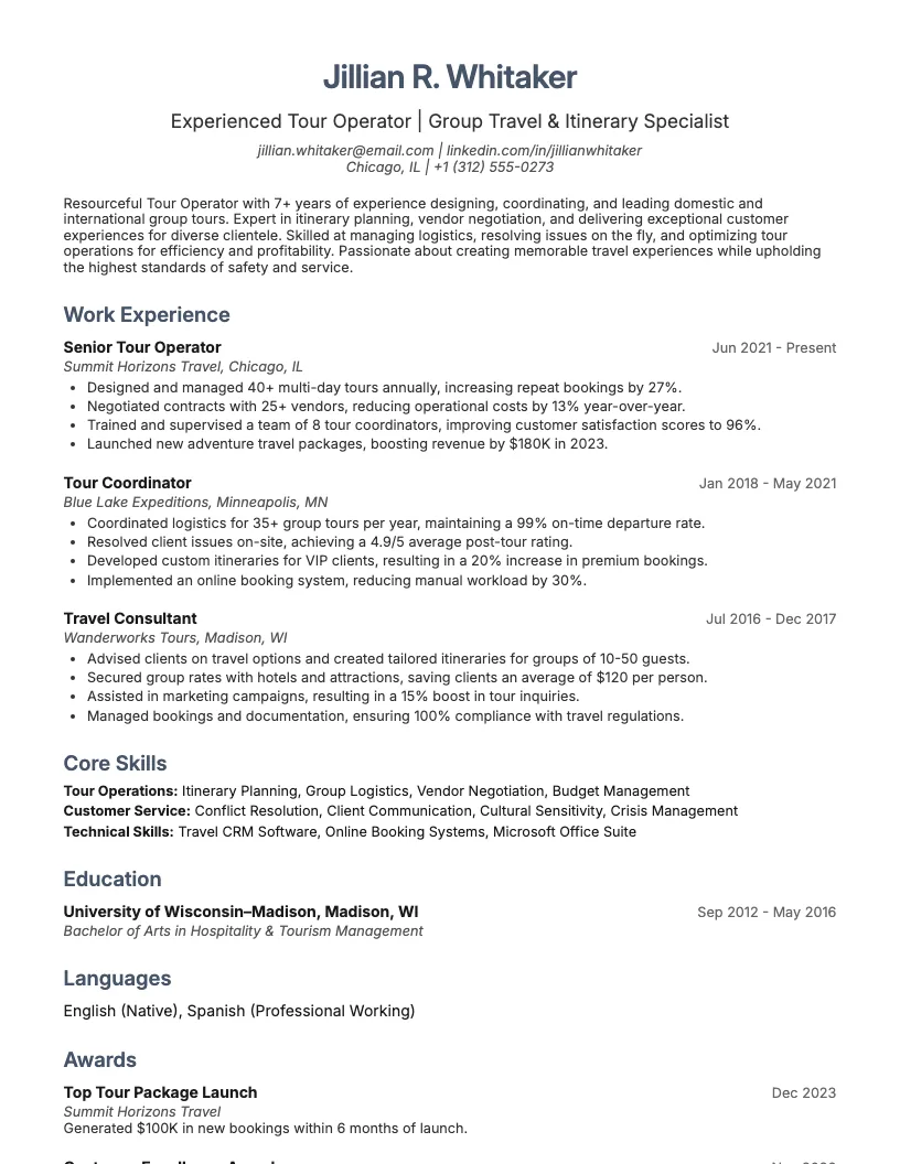Tour Operator Resume Example