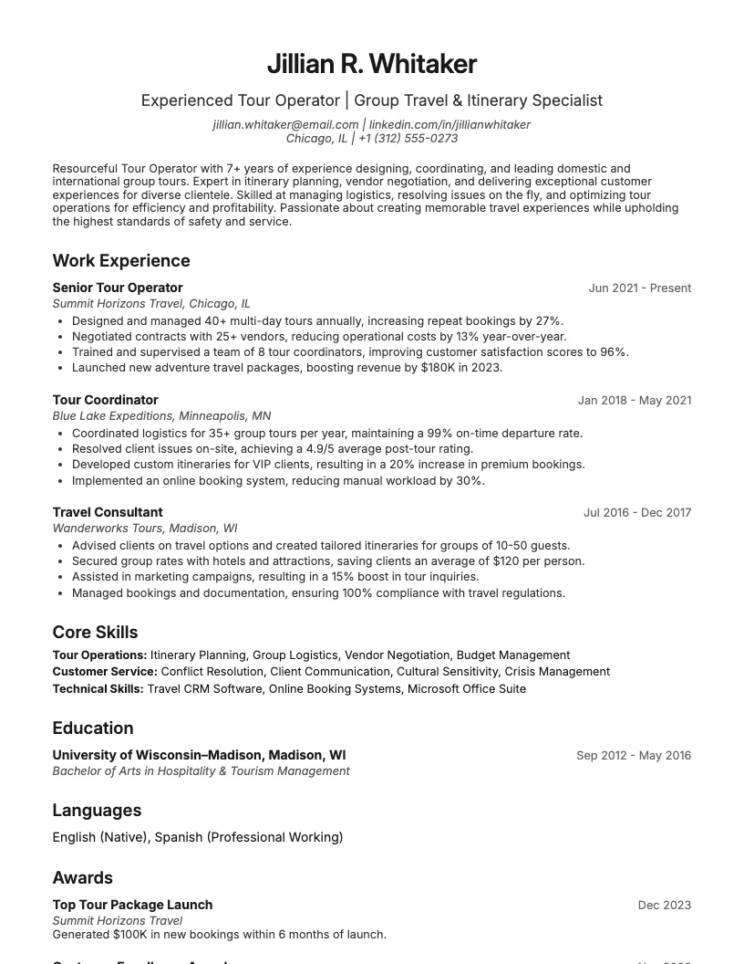 Tour Operator Resume Example