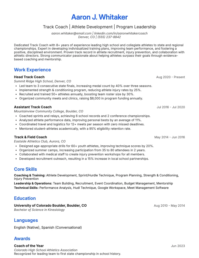 Track Coach Resume Example