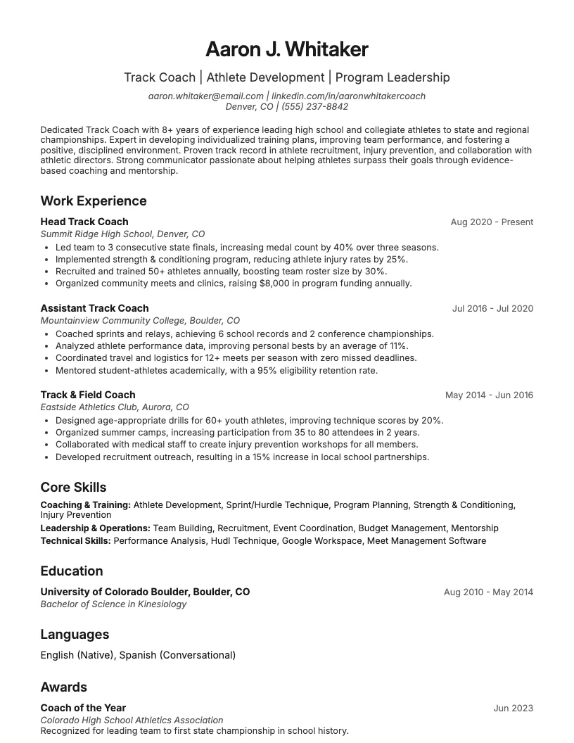 Track Coach Resume Example