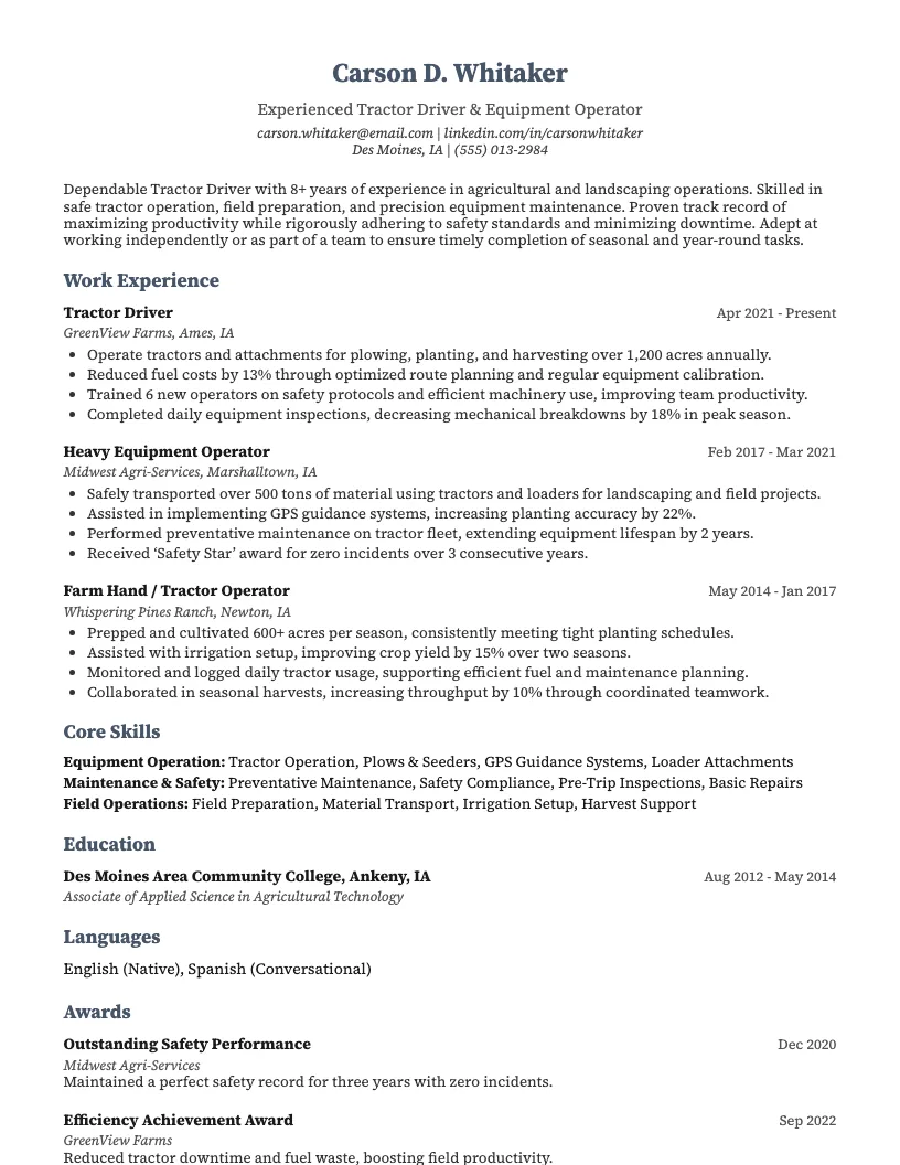 Tractor Driver Resume Example