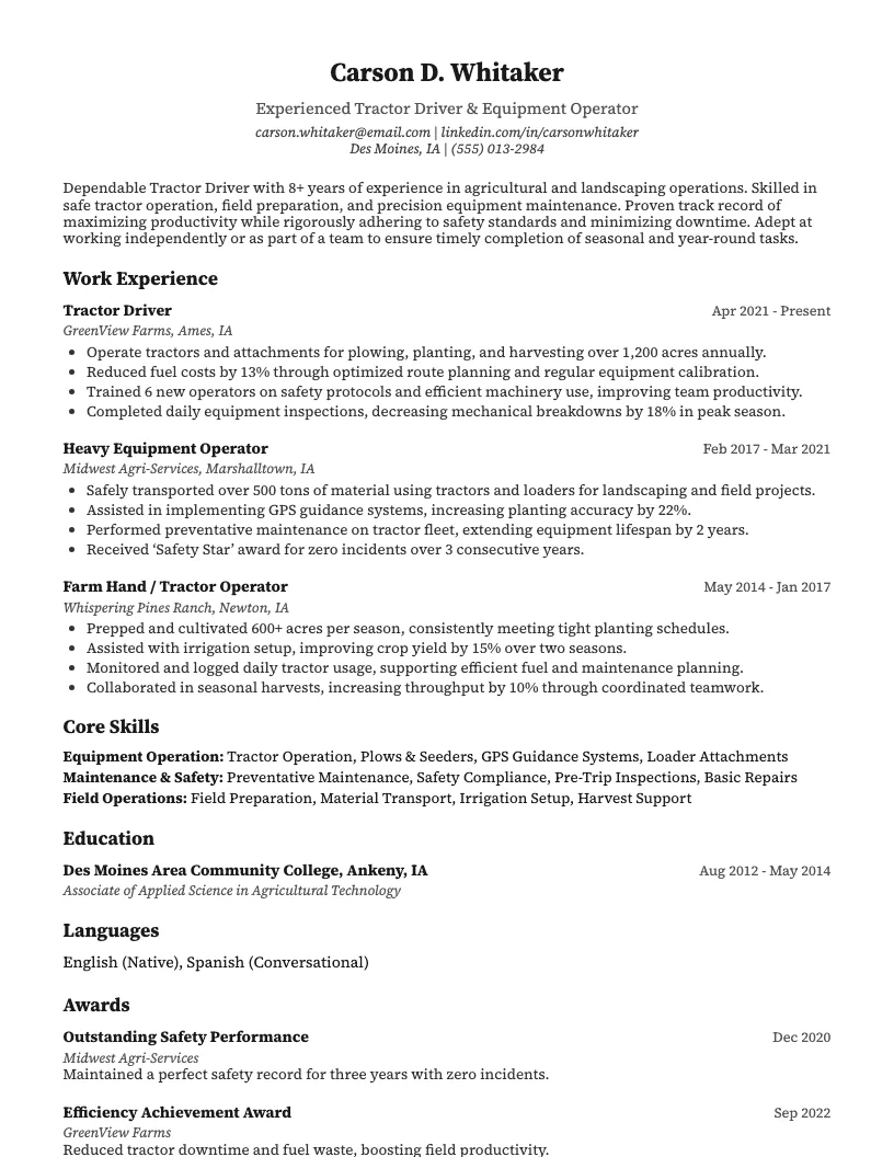 Tractor Driver Resume Example