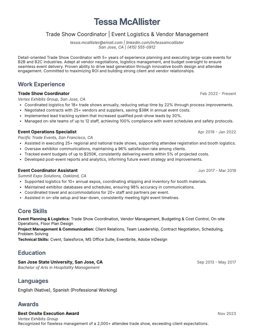 Trade Show Coordinator Resume Example