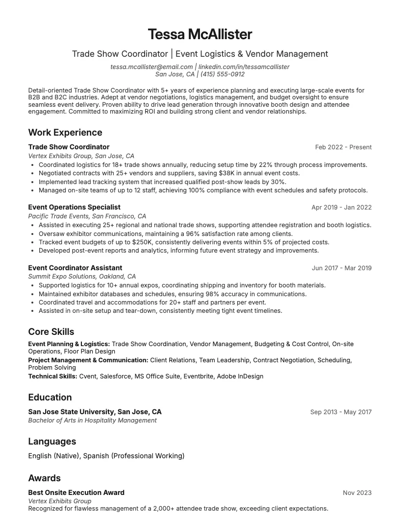 Trade Show Coordinator Resume Example