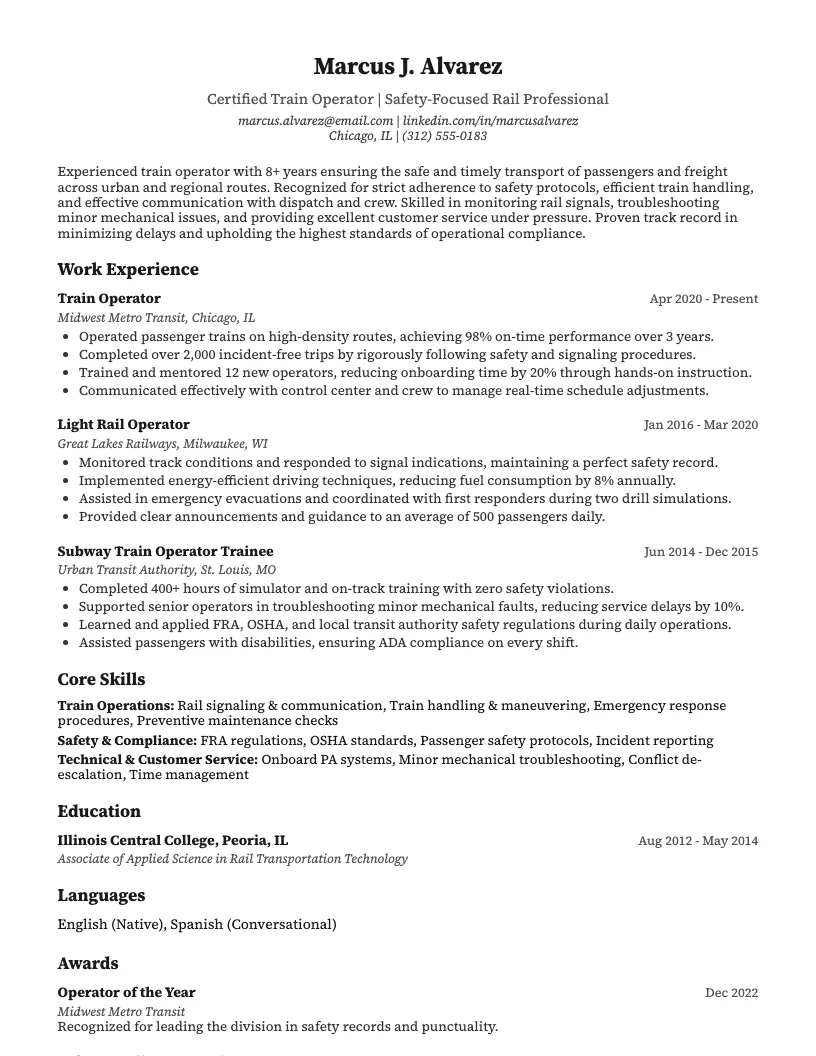 Train Operator Resume Example