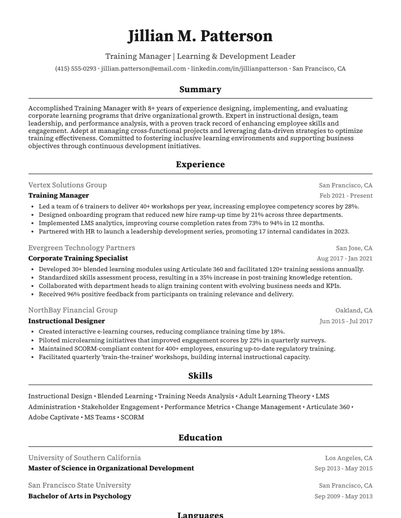 Training Manager Resume Example