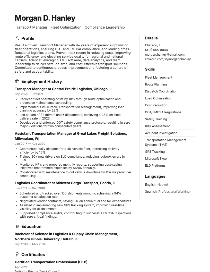 Transport Manager resume example