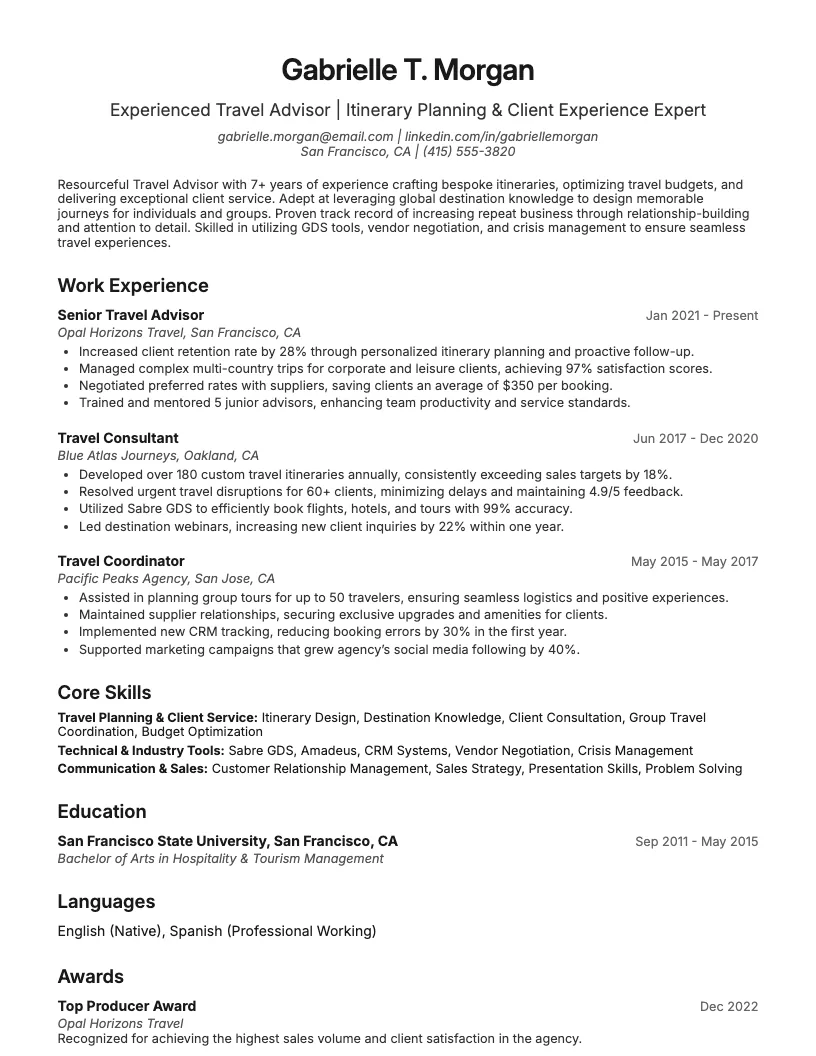 Travel Advisor Resume Example