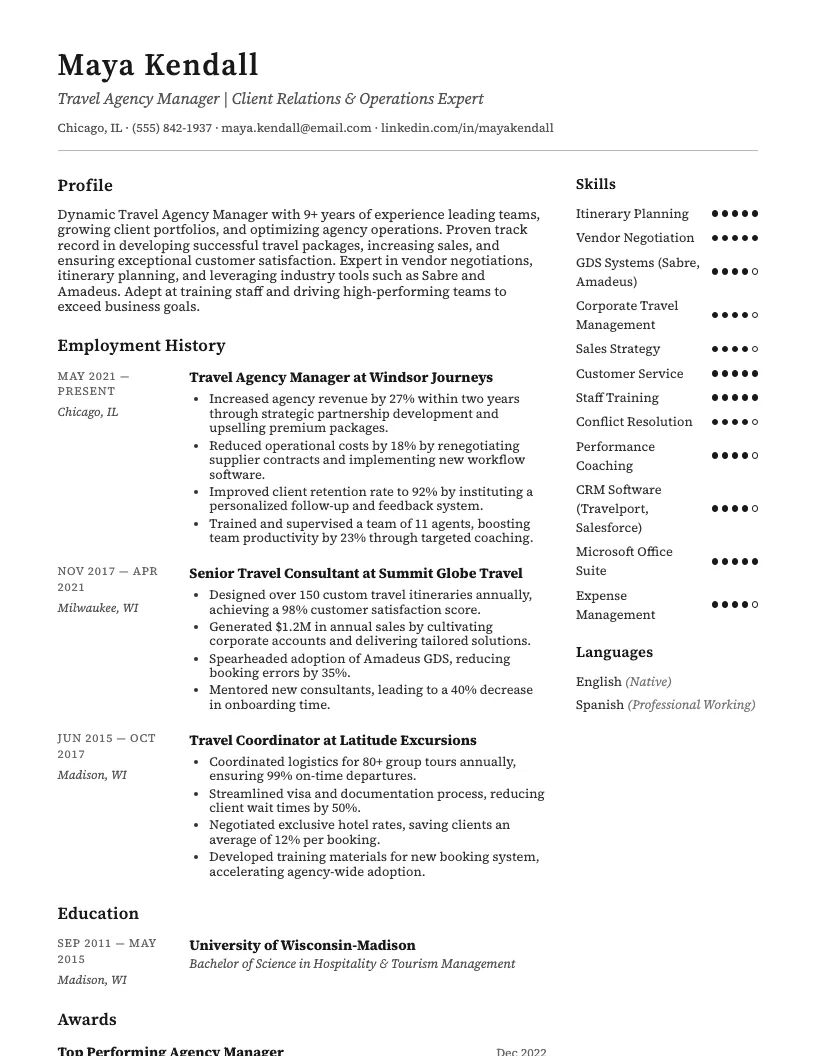 Travel Agency Manager Resume Example