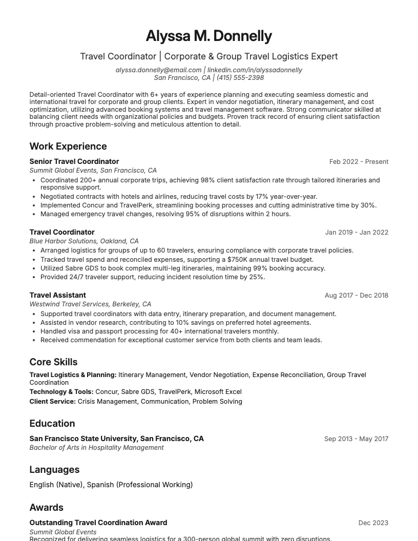 Travel Coordinator Resume Example