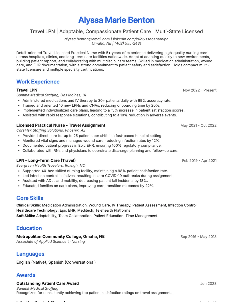 Travel Lpn Resume Example