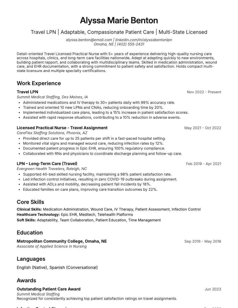 Travel Lpn Resume Example