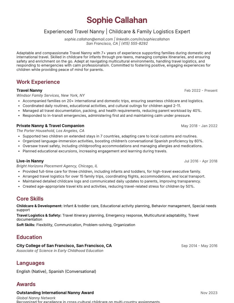 Travel Nanny Resume Example