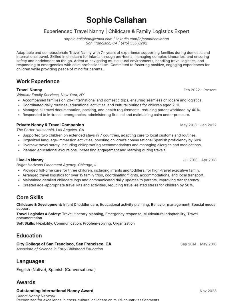 Travel Nanny Resume Example