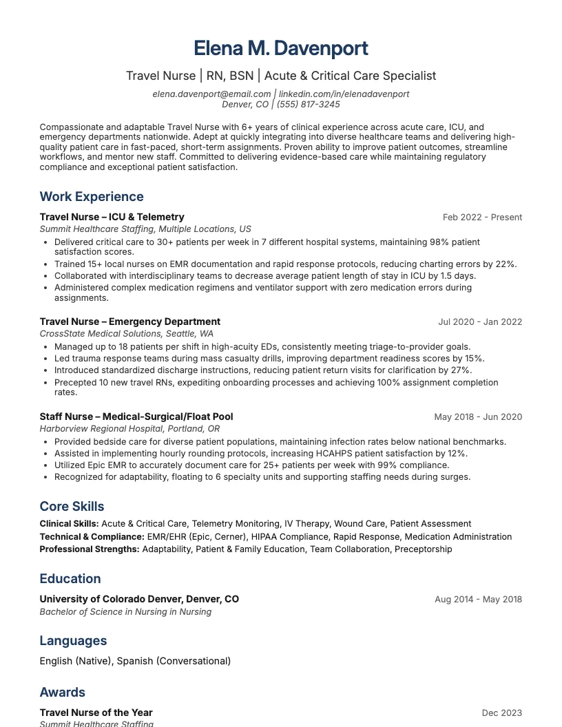 Travel Nurse Resume Example