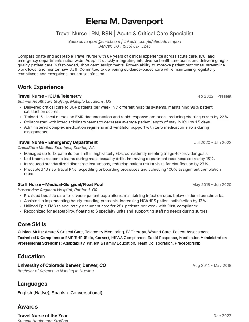 Travel Nurse Resume Example