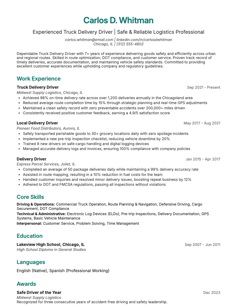 Truck Delivery Driver Resume Example