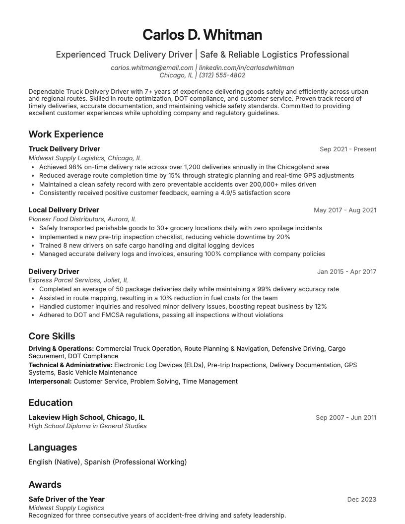 Truck Delivery Driver Resume Example