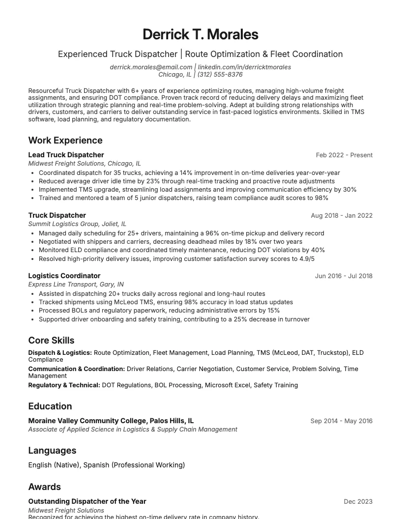 Truck Dispatcher Resume Example