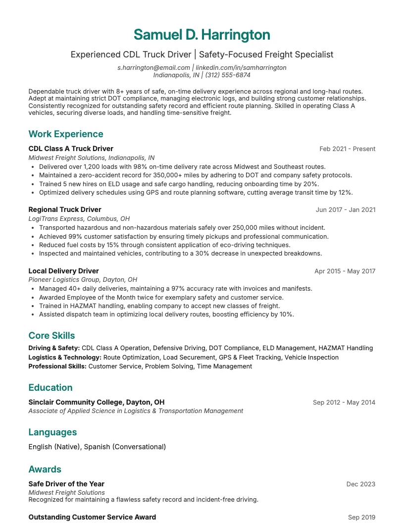 Truck Driver resume example