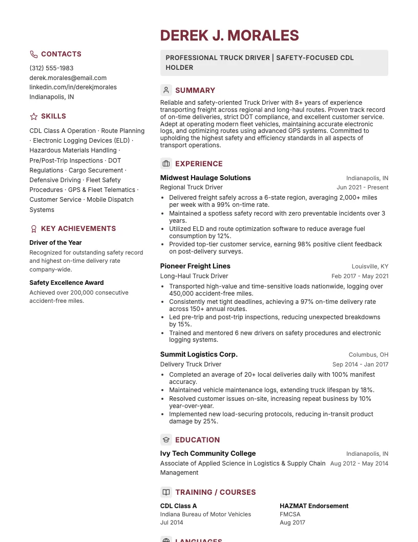Truck Driver (Contemporary) Resume Example