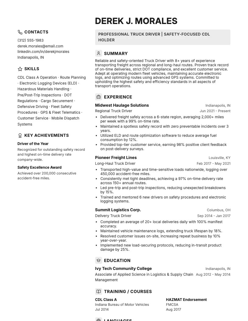 Truck Driver Contemporary Resume Example