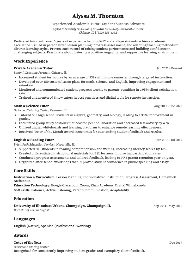 Tutor Resume Example