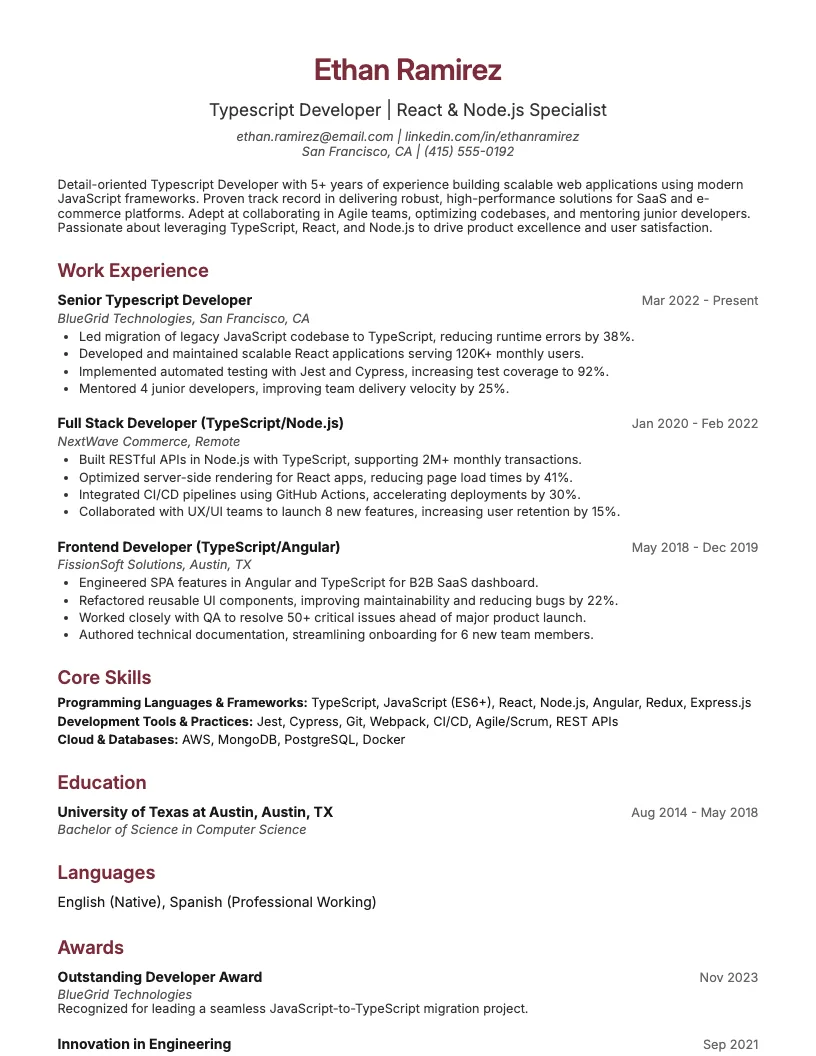 Typescript Developer Resume Example