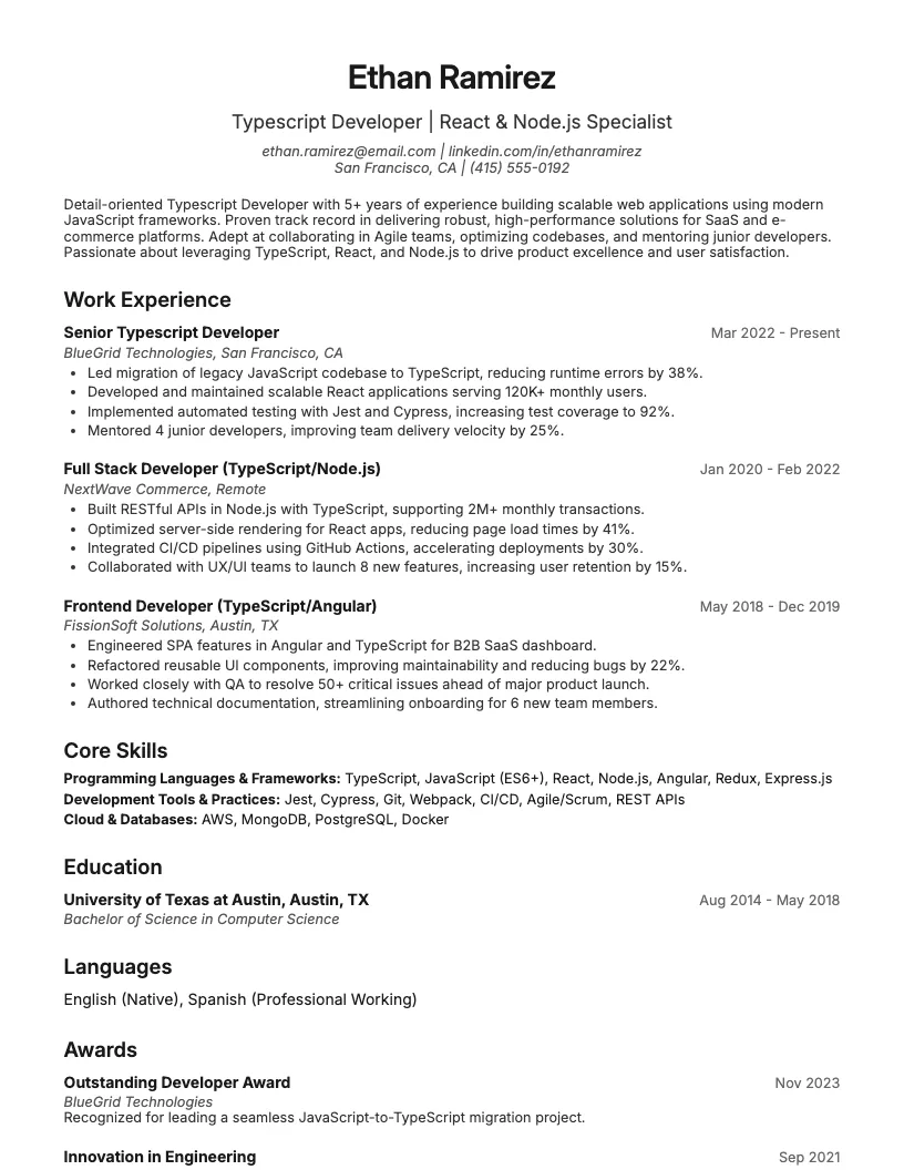 Typescript Developer Resume Example