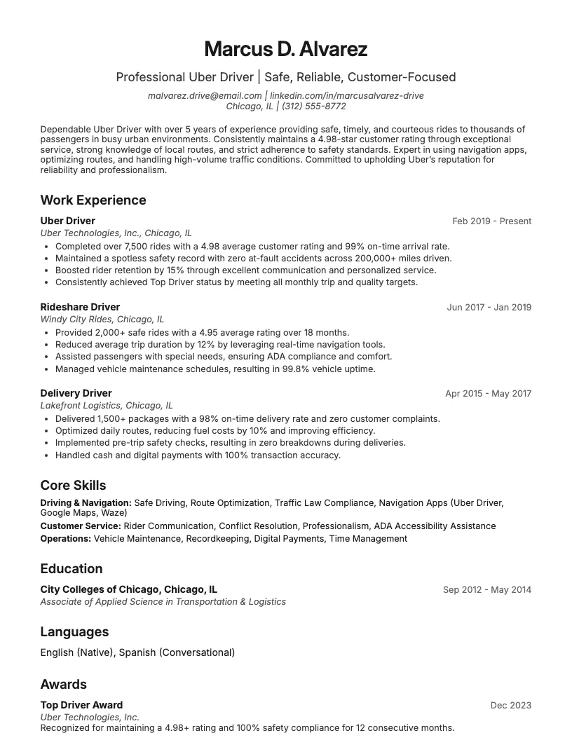 Uber Driver Resume Example