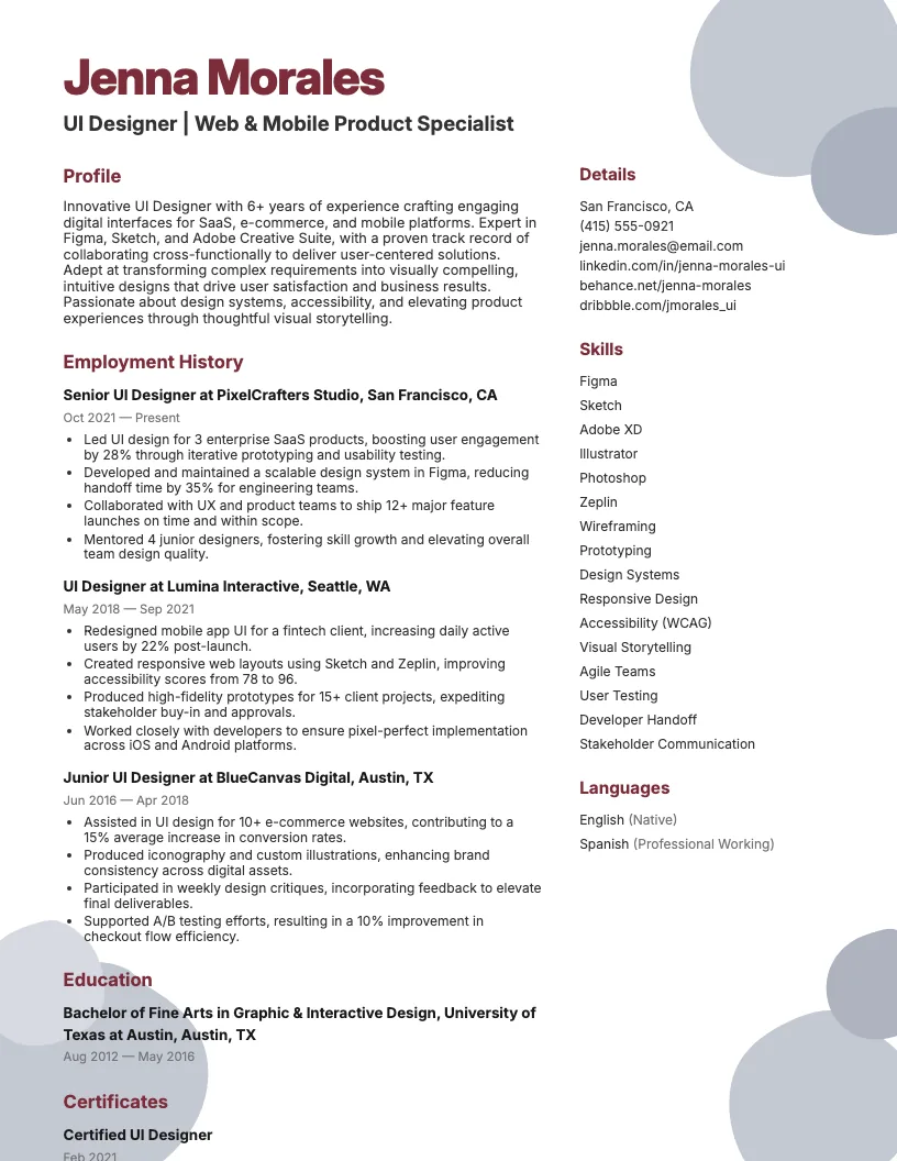 Ui Designer Resume Example