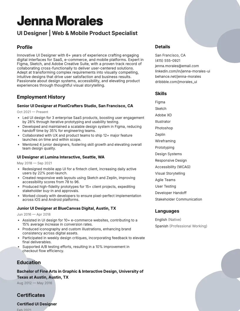 UI Designer Resume Example