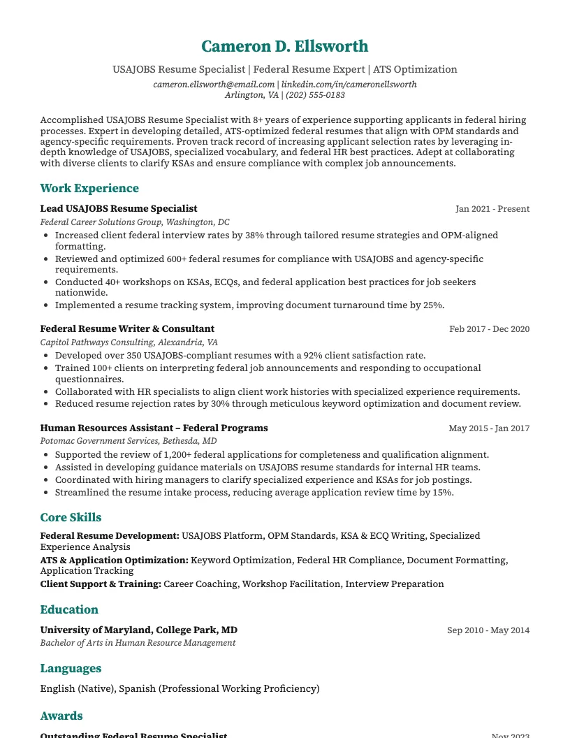 USAJOBS Resume Specialist Resume Example