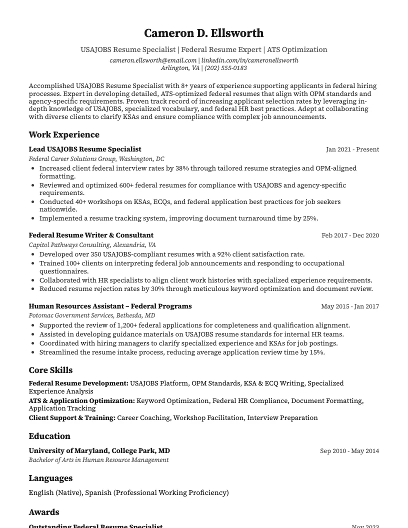 Usajobs Resume Specialist Resume Example