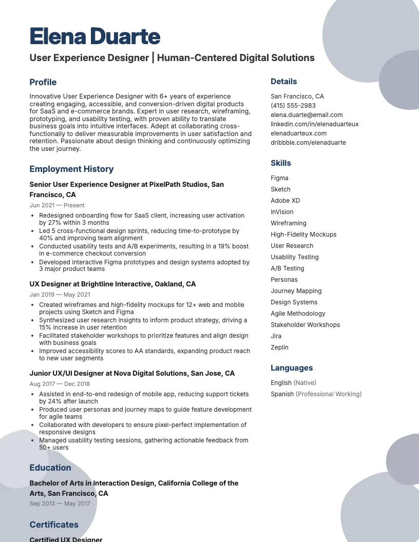 User Experience Designer Resume Example