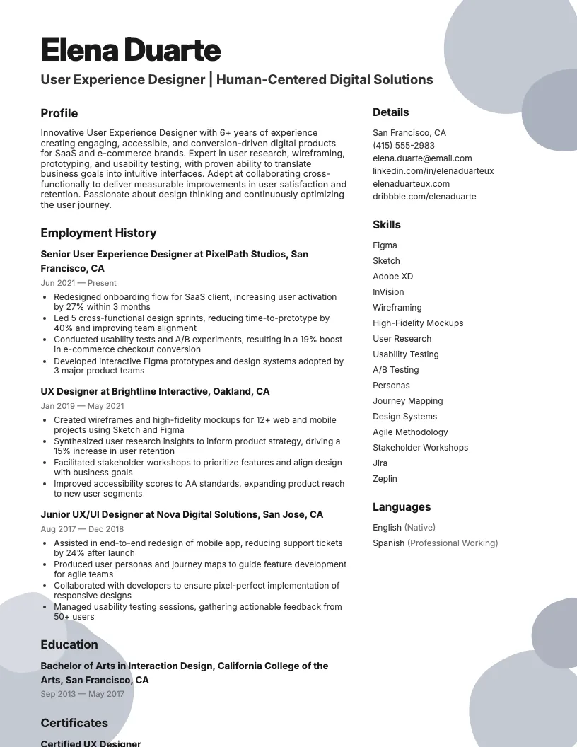 User Experience Designer Resume Example