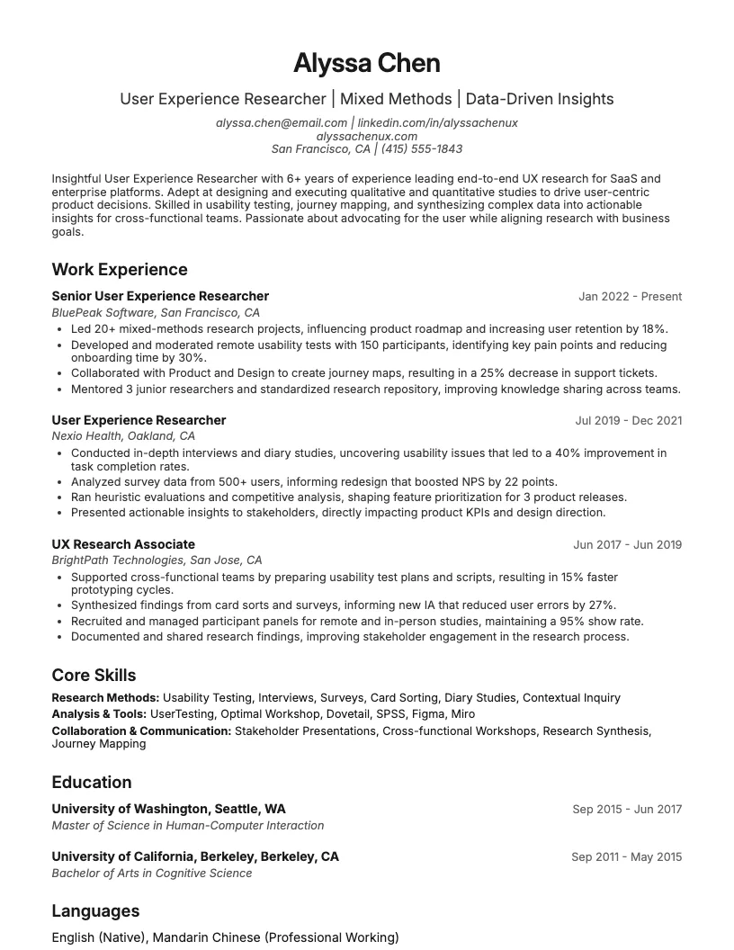 User Experience Researcher Resume Example