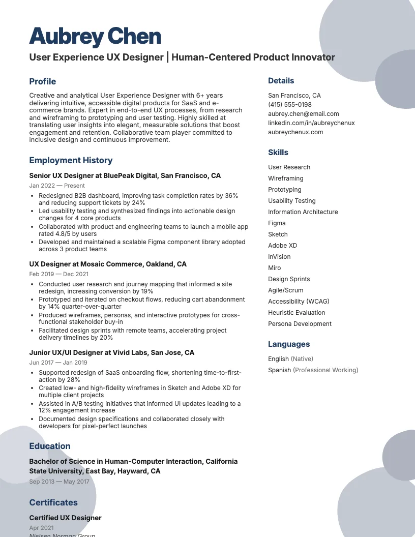 User Experience UX Designer Resume Example