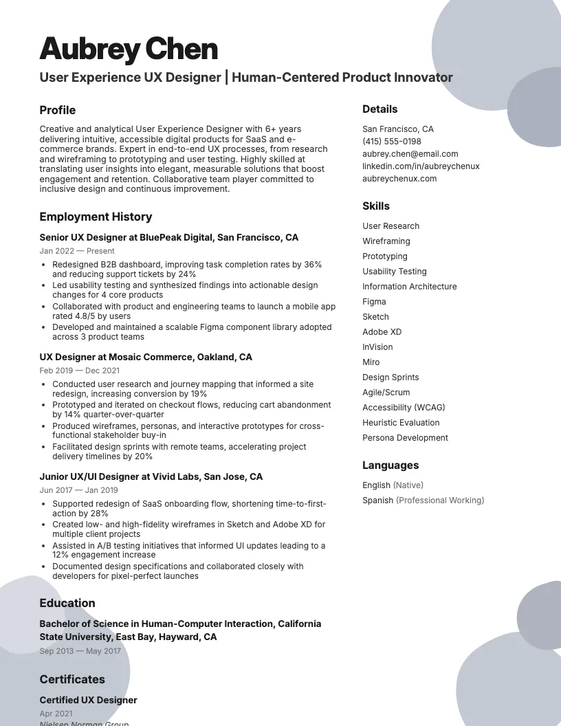 User Experience Ux Designer Resume Example