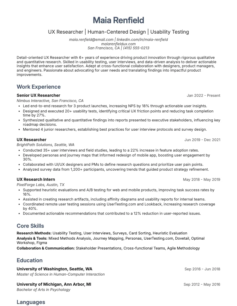 UX Researcher Resume Example