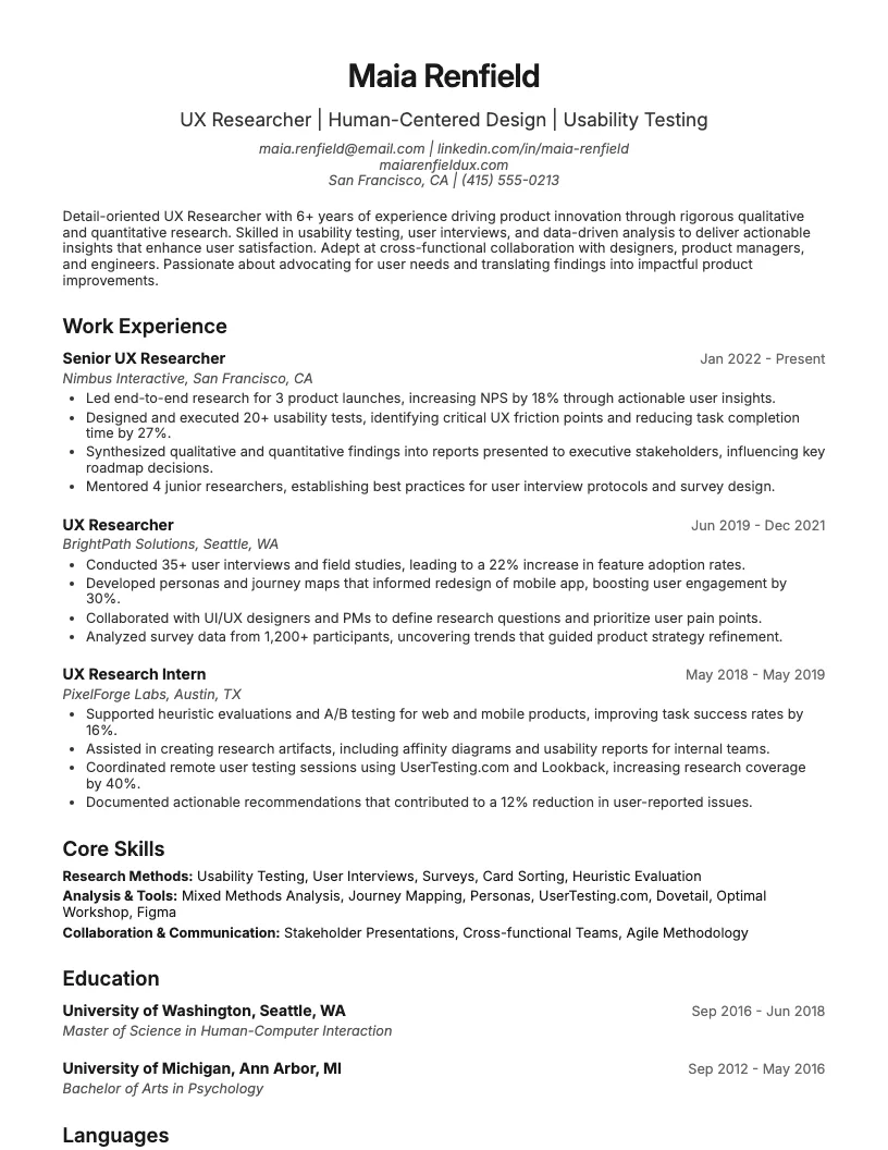 UX Researcher Resume Example