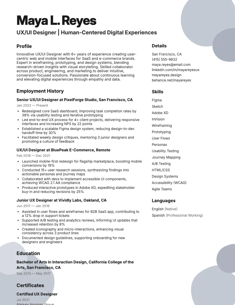 UX/UI Designer Resume Example