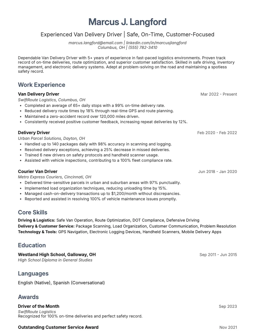 Van Delivery Driver Resume Example