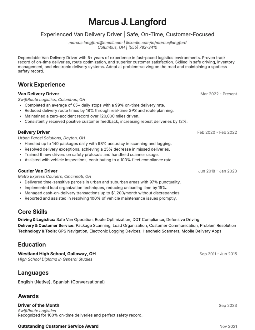 Van Delivery Driver Resume Example