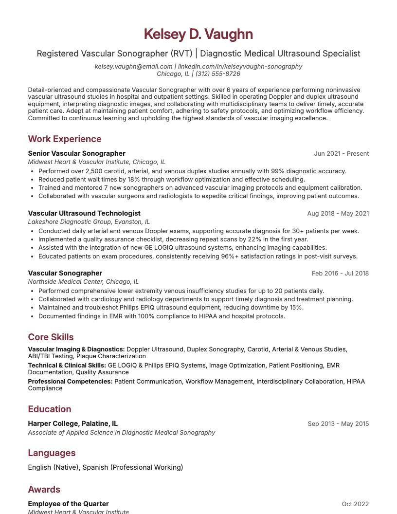 Vascular Sonographer Resume Example