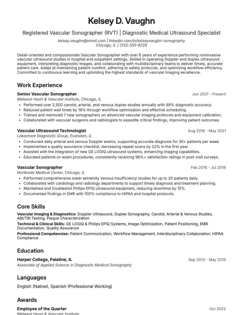 Vascular Sonographer Resume Example