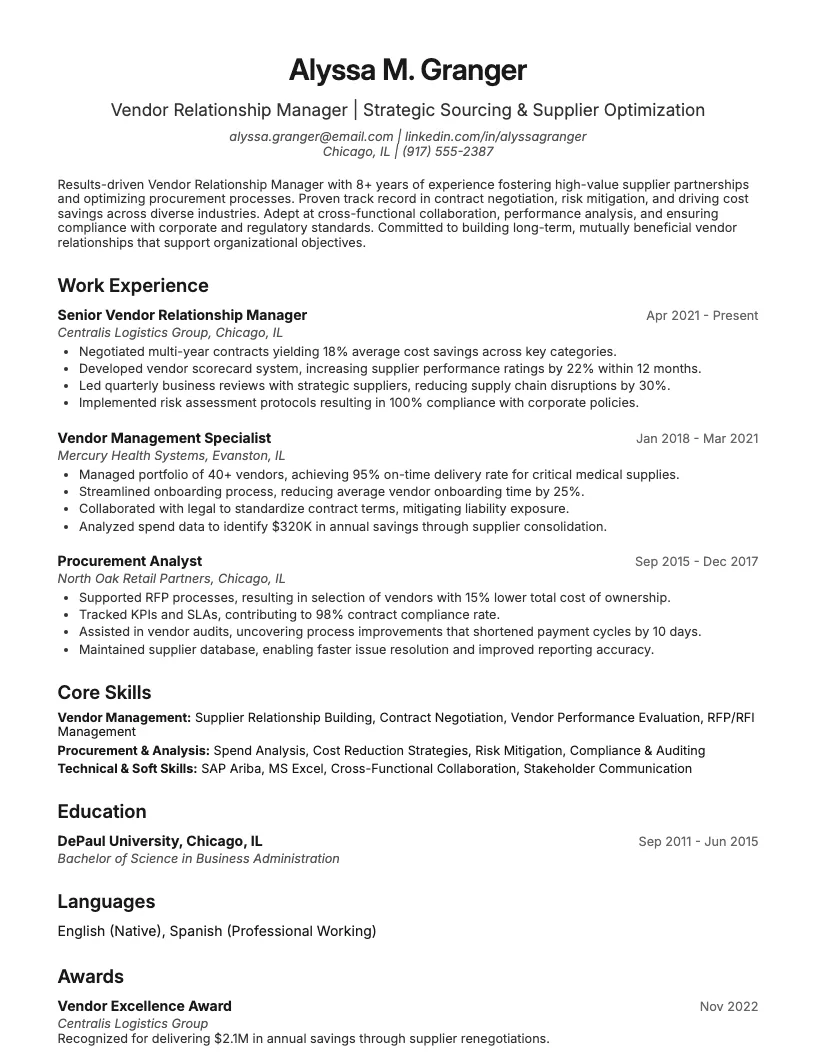 Vendor Relationship Manager Resume Example