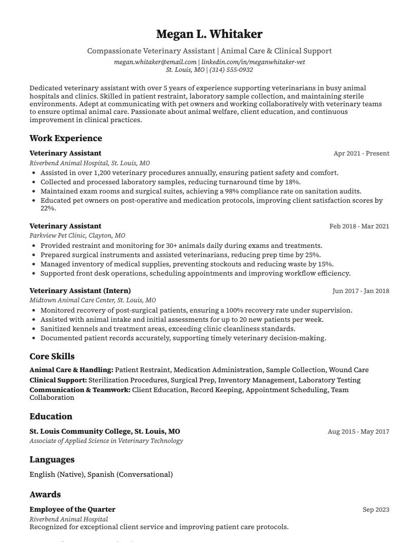 Vet Assistant Resume Example