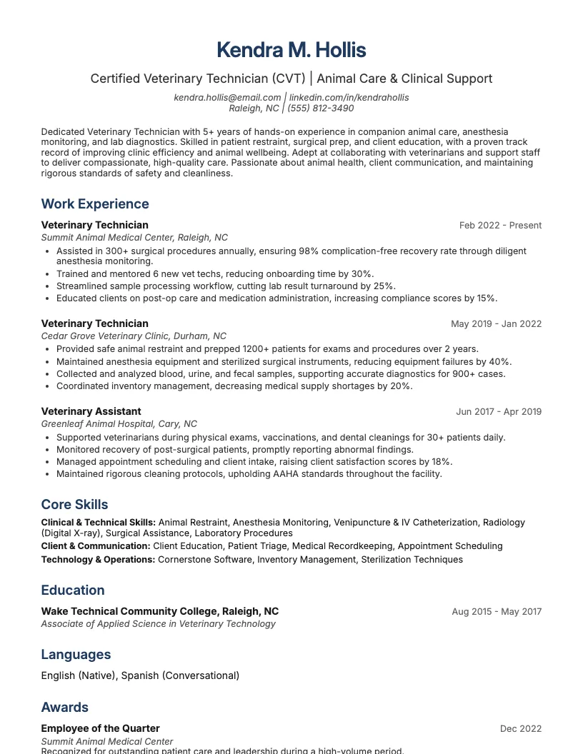 Vet Tech Resume Example